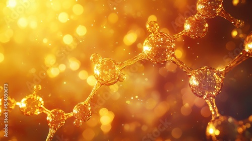 A close-up of a glowing golden molecular structure surrounded by vibrant particles, set against a radiant background, symbolizing luxury and advanced science.