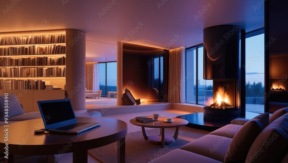 Spacious minimalist living room with a curved fireplace, large windows, and built-in bookshelves, offering a cozy and serene atmosphere. Spacious minimalist living room with a curved fireplace, large windows, and built-in bookshelves, offering a cozy and serene atmosphere.