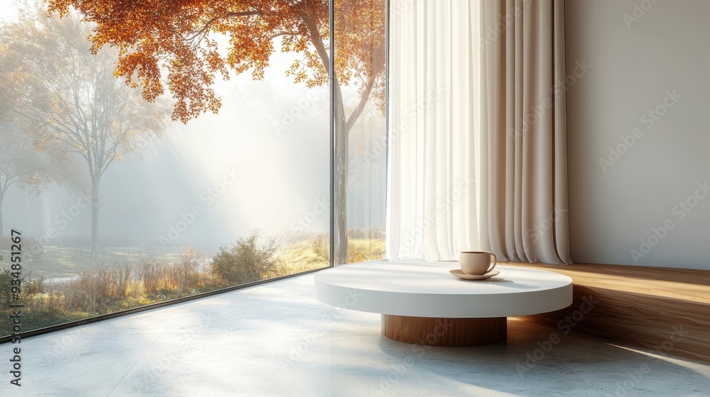 Cozy interior with a view of autumn trees and a coffee cup.