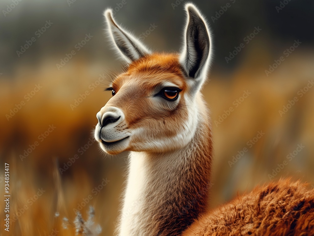 Fototapeta premium Guanaco Close Up in Grassland Setting