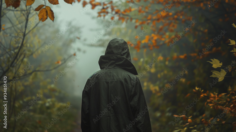 A person dressed in a raincoat strolls along a misty forest path lined with vibrant autumn leaves, enjoying the serene atmosphere, copy space A person dressed in a raincoat strolls along a misty forest path lined with vibrant autumn leaves, enjoying the serene atmosphere, copy space