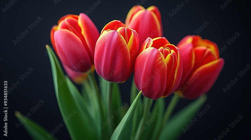 red yellow tulip flowers blooming on a white background, close-up. Wedding background, Valentine's Day concept. Bouquet on black background, closeup red yellow tulip flowers blooming on a white background, close-up. Wedding background, Valentine's Day concept. Bouquet on black background, closeup