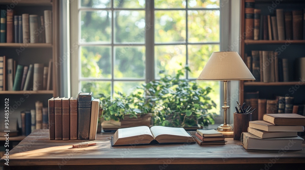 Cozy Home Library. Wooden Table with Books and Lamp by the Window Cozy Home Library. Wooden Table with Books and Lamp by the Window
