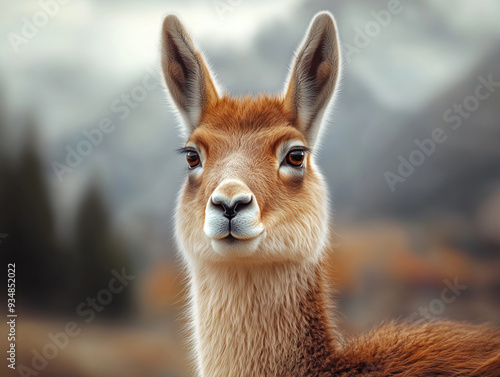 Portrait of Vicuna in Mountain Landscape, Close-up Wildlife Photography