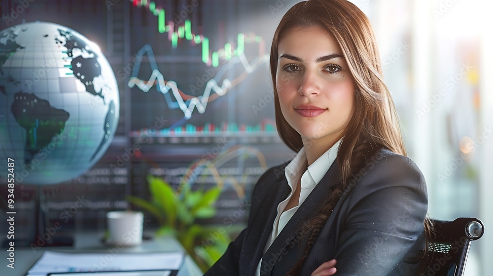 Global Businesswoman Analyzing Financial Data on Virtual Screen in Office Setting Global Businesswoman Analyzing Financial Data on Virtual Screen in Office Setting