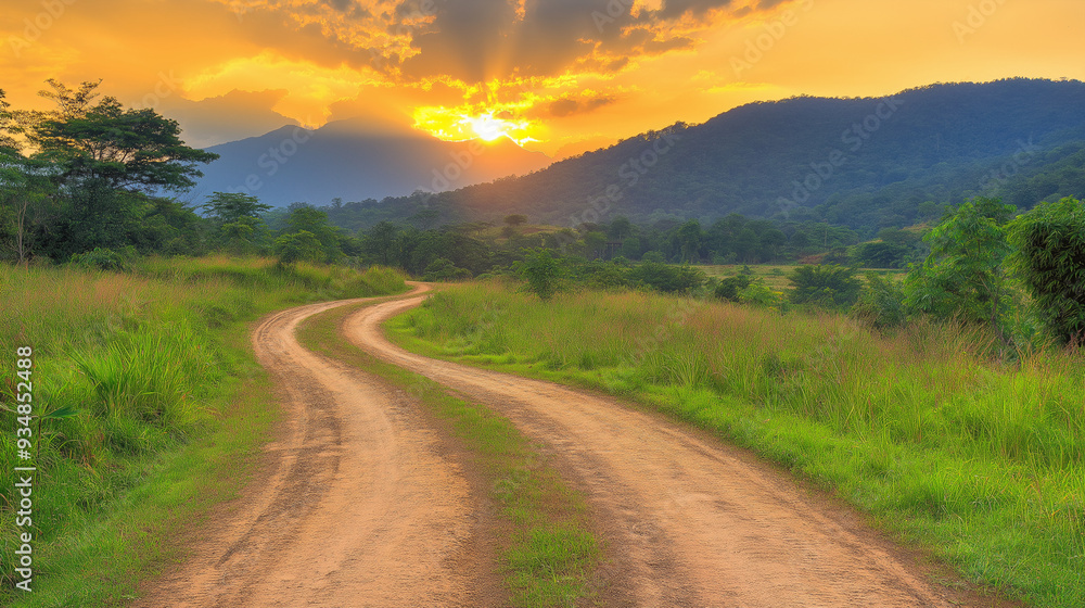 Rolling green hills stretch towards a clear blue sky, winding road leading through a rural landscape Rolling green hills stretch towards a clear blue sky, winding road leading through a rural landscape