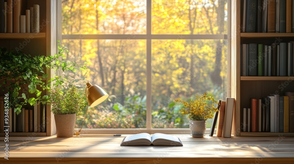 Cozy Home Library. Wooden Table with Books and Lamp by the Window Cozy Home Library. Wooden Table with Books and Lamp by the Window