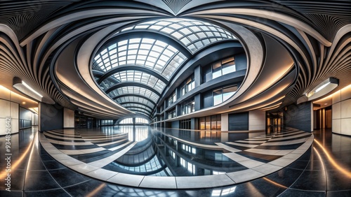 360 degree full panorama interior of black abstract geometric building with twist vortex design  render, hdri, hdr