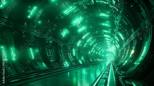 Holographic green tunnel featuring futuristic objects. Sci-fi background without any people, showcasing a cyber style with a tomorrow aesthetic. Ideal for banners, posters, and templates.