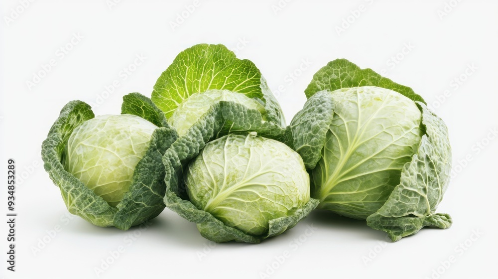 Fototapeta premium Three fresh green cabbages with tightly wrapped leaves and visible veins on a clean, white background, suggesting healthy, raw ingredients for cooking.