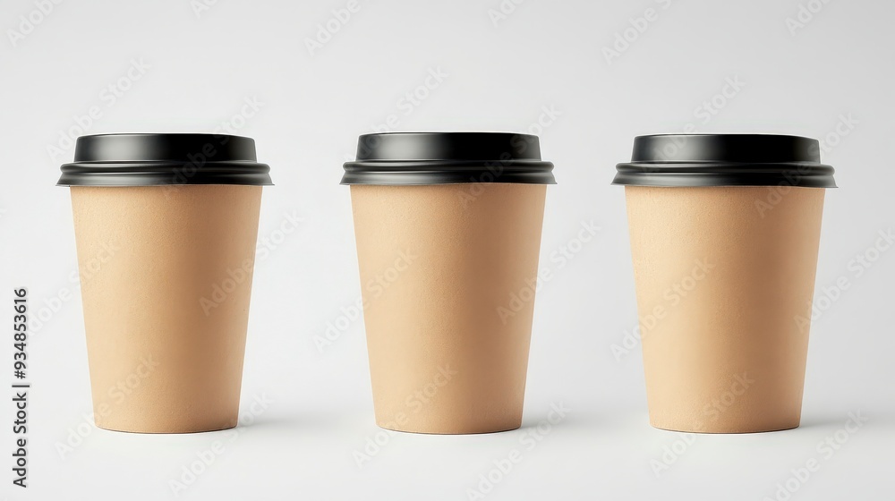 Three brown paper cups with black lids on a white background. Three brown paper cups with black lids on a white background.