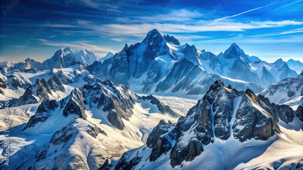 Fototapeta premium Snow-covered high mountain peaks in the French Alps, winter, snow, cold, white, frost, icy, frosty, peak, mountain