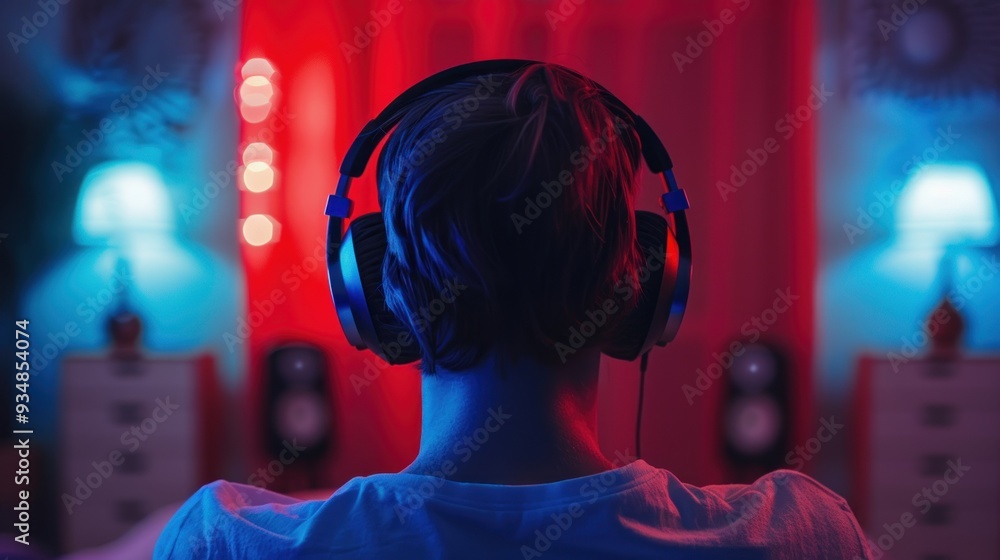 Person wearing headphones in a room with red and blue lighting. Person wearing headphones in a room with red and blue lighting.