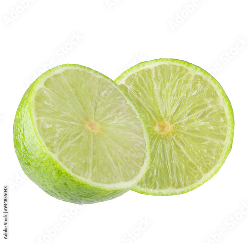 Whole and sliced limes, Sour green fruit isolated on alpha background.