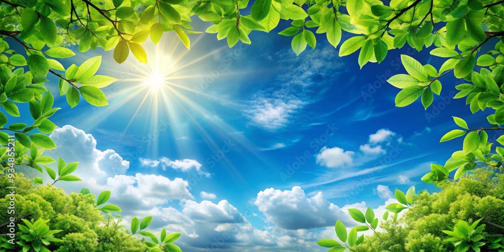 Vibrant, sunny sky and lush green leaves backdrop for a beautiful scene Vibrant, sunny sky and lush green leaves backdrop for a beautiful scene