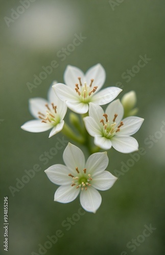 Delicate white blooms with bright yellow centers, set against a soft green bokeh background