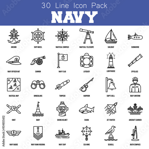Clean, precise Navy icons with detailed outlines, representing naval elements like ships, anchors, and sailors in minimalist design.