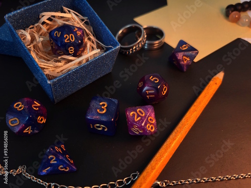 Dice for one of the most popular tabletop role-playing games. Atmospheric photo.