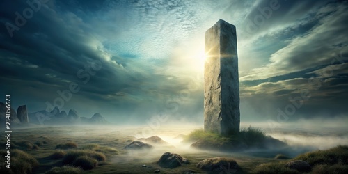 Tall stone monolith glowing in foggy landscape, Stone, monolith, glowing, light, foggy, landscape, mysterious, eerie photo