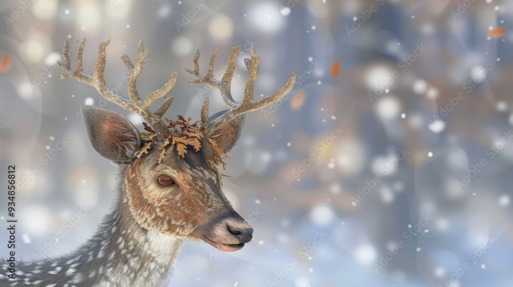 Deer with antlers and leaves in winter wonderland. Deer with antlers and leaves in winter wonderland.