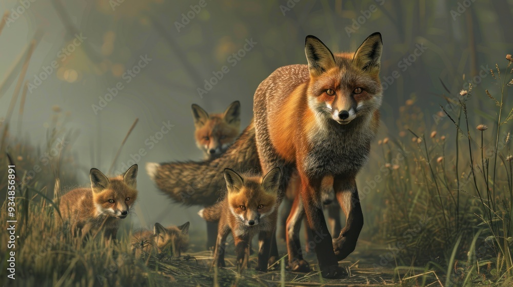 Fototapeta premium Red Fox Family Walking Through Foggy Forest.