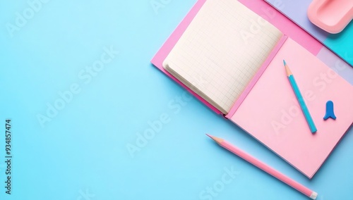 Colorful pastel pink and blue background with an open notebook, pencil, and eraser on a tabletop view. School or office desk flat lay mock-up concept.