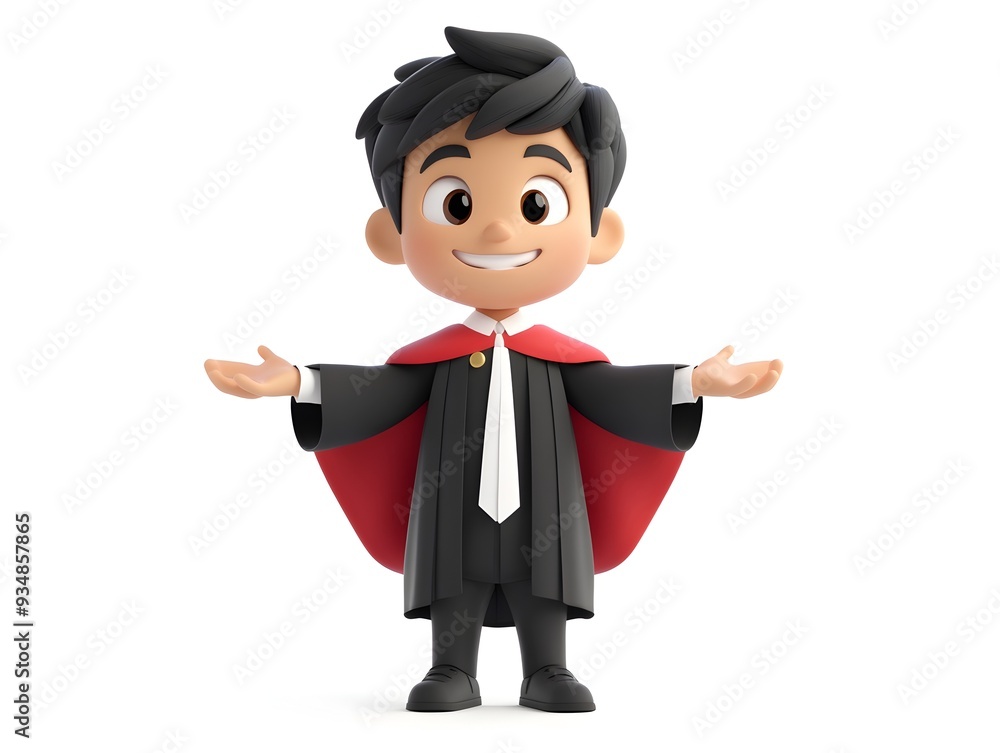 Confident young judge in official uniform standing upright in a detailed 3D animation isolated on a clean white background with no shadows This 3D rendering depicts a authoritative Confident young judge in official uniform standing upright in a detailed 3D animation isolated on a clean white background with no shadows This 3D rendering depicts a authoritative