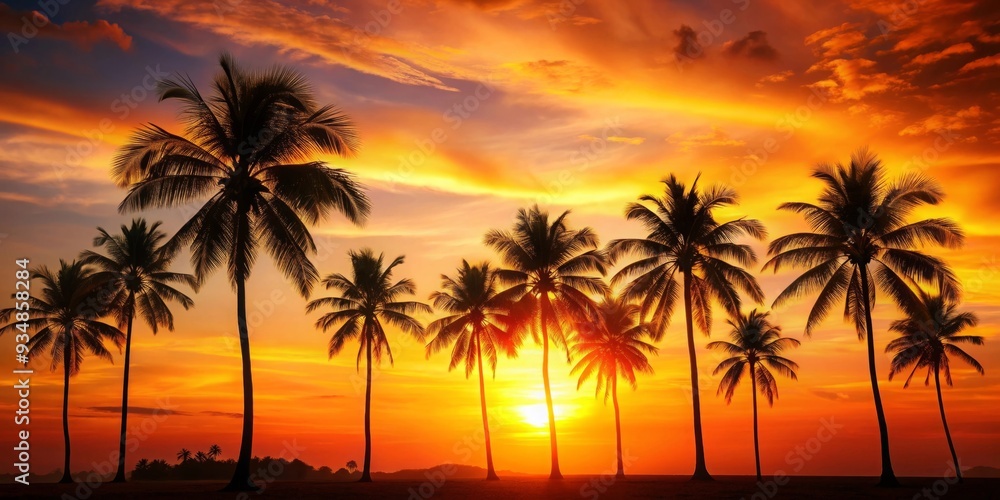 Obraz premium Summer background with tropical palm trees silhouetted against a vibrant orange sunset sky