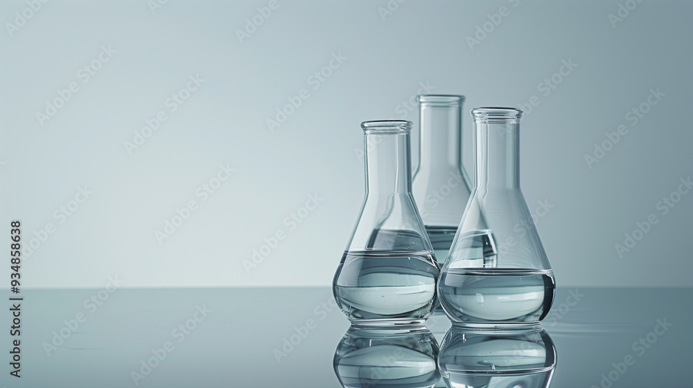 Clear laboratory glassware filled with liquid in a minimalist science setting Clear laboratory glassware filled with liquid in a minimalist science setting