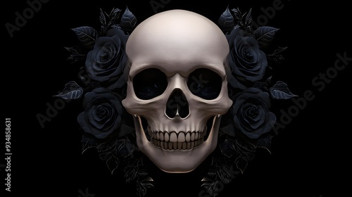 Skull in gothic style, surrounded by roses, ornate and detailed, dark tones