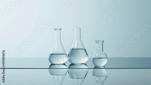 Clear laboratory glassware filled with liquid in a minimalist science setting