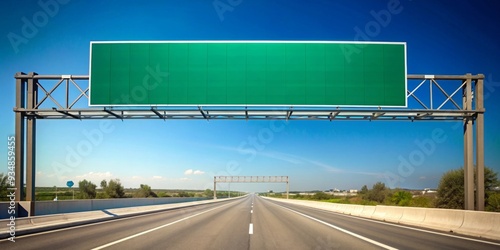 A blank highway sign suspended over a three-lane superhighway with a clear blue sky background