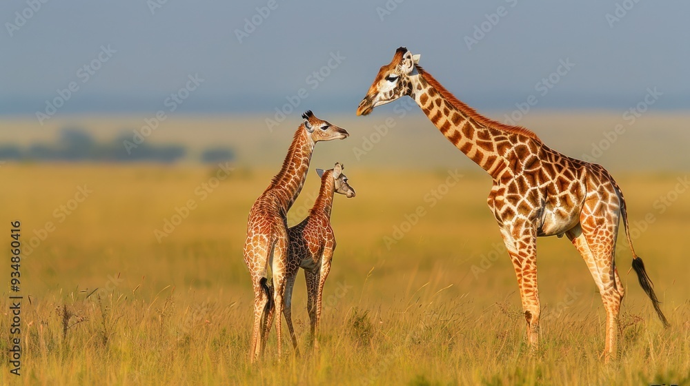 Obraz premium Giraffe Family in African Grassland.