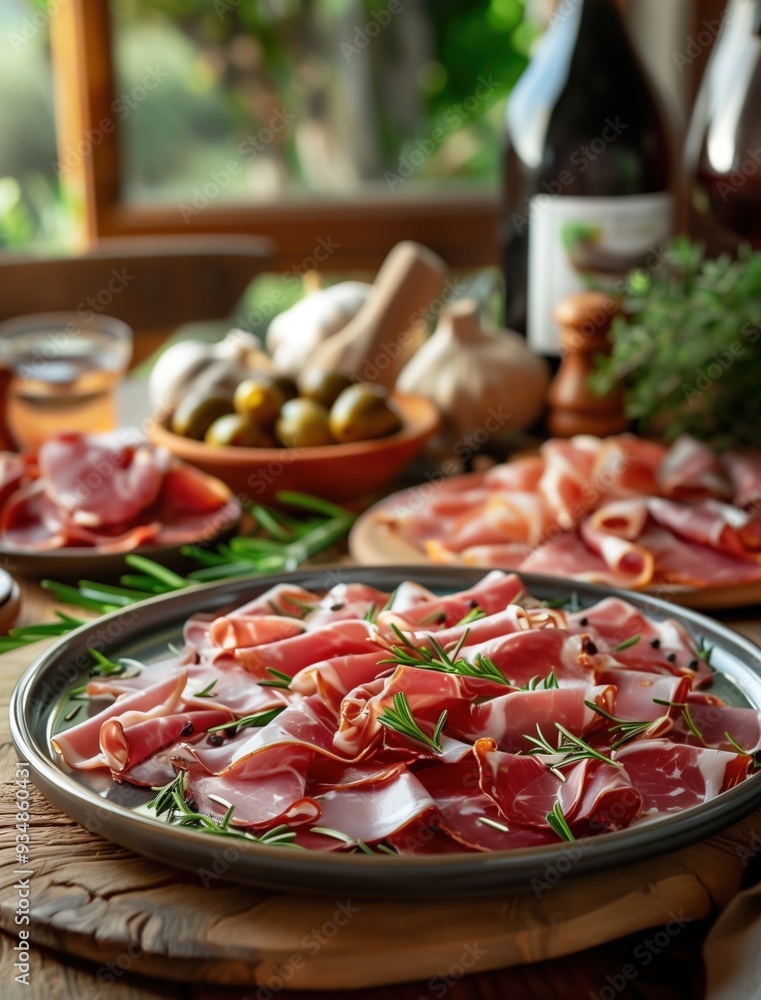 close up of Jamon Iberico with rustic vegetables and bread on wooden board close up of Jamon Iberico with rustic vegetables and bread on wooden board