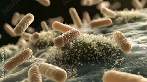 Bacteria forming biofilm on a surface, microbiology study photo