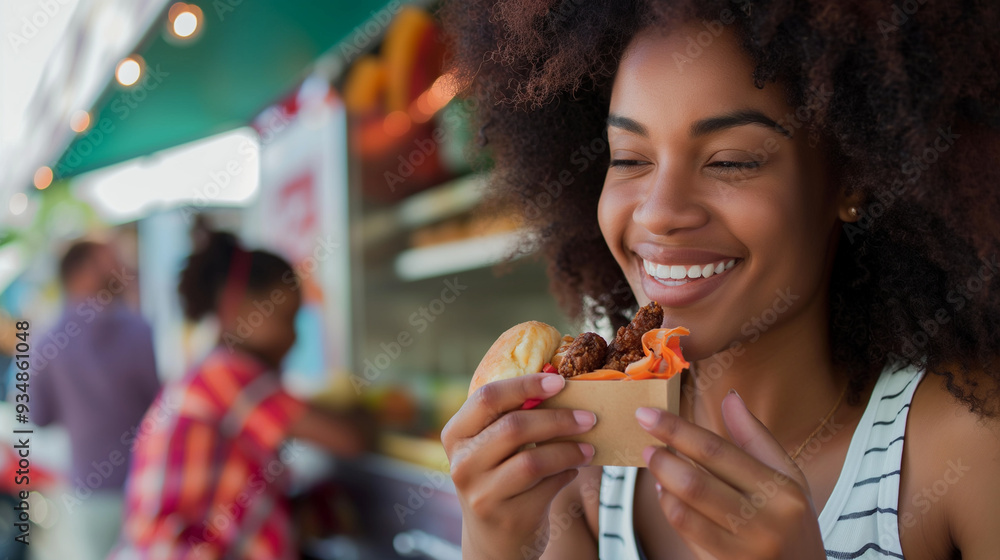 Food Truck Festival: A woman tasting delicious food at a food truck event, Labor Day, with copy space Food Truck Festival: A woman tasting delicious food at a food truck event, Labor Day, with copy space