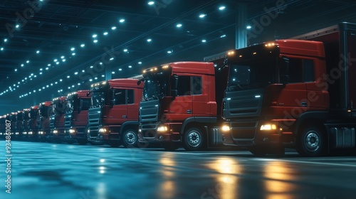 A fleet of red semi-trailer trucks parked in a well-lit indoor warehouse, showcasing modern logistics and transport in a clean and organized environment.