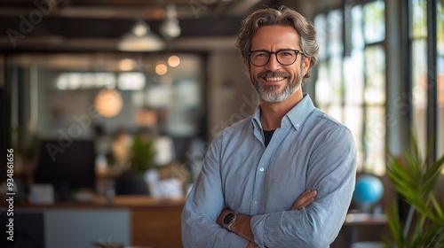 Happy confident professional business man of mature standing in office. 40 years old business owner, company manager, smiling senior ceo executive, corporate leader at work.
