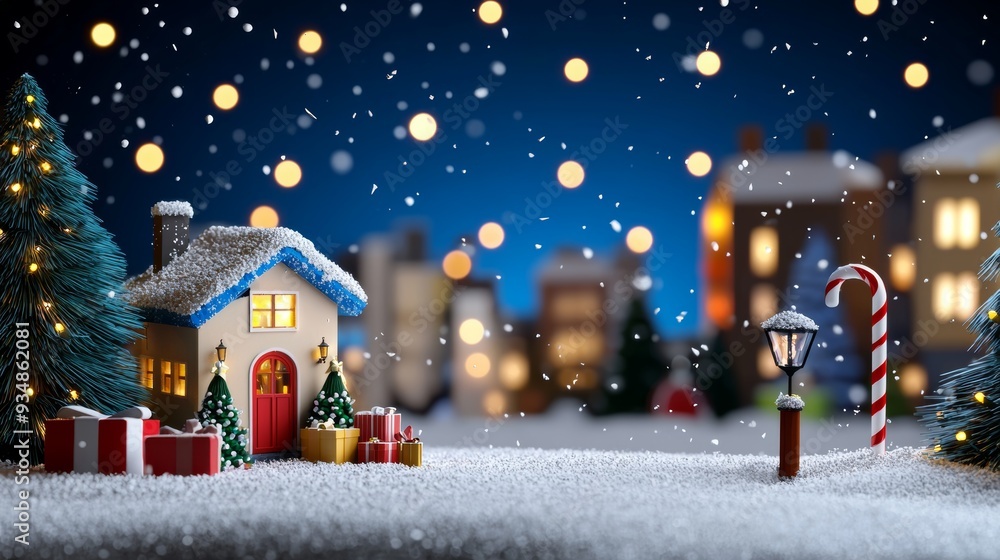 Cozy winter scene with snow, Christmas decorations, and a charming house illuminated at night Cozy winter scene with snow, Christmas decorations, and a charming house illuminated at night