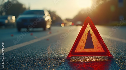 Red Emergency Triangle on Asphalt Road at Sunset