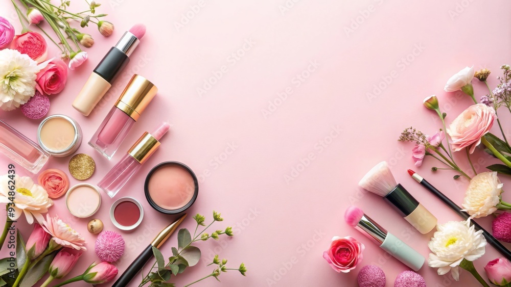 Cosmetic makeup products with flowers on pastel background Cosmetic makeup products with flowers on pastel background