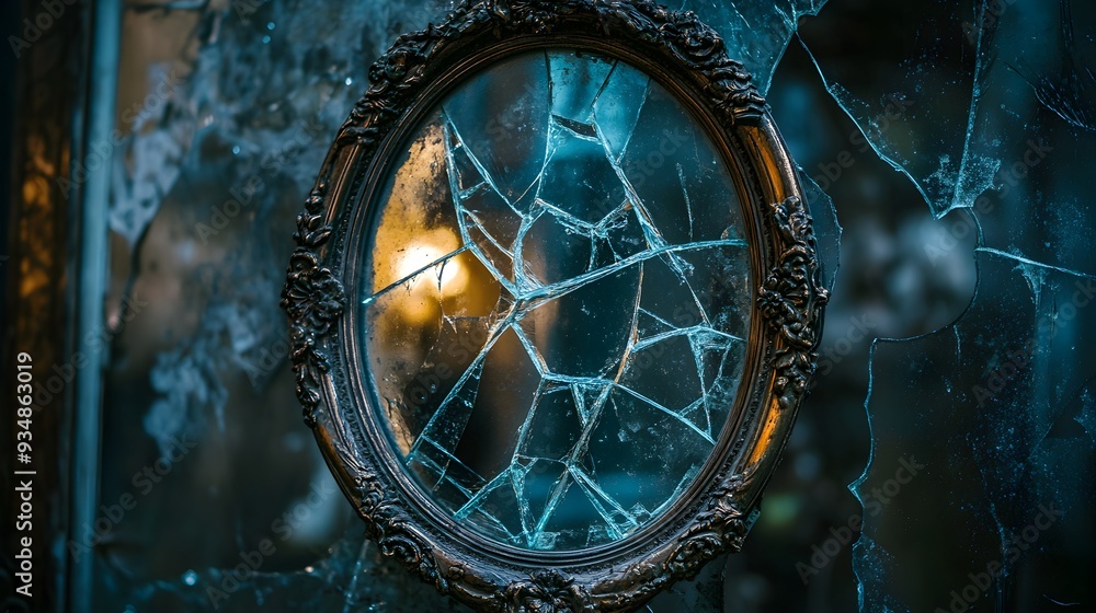 Obraz premium A haunted mirror with a fractured reflection