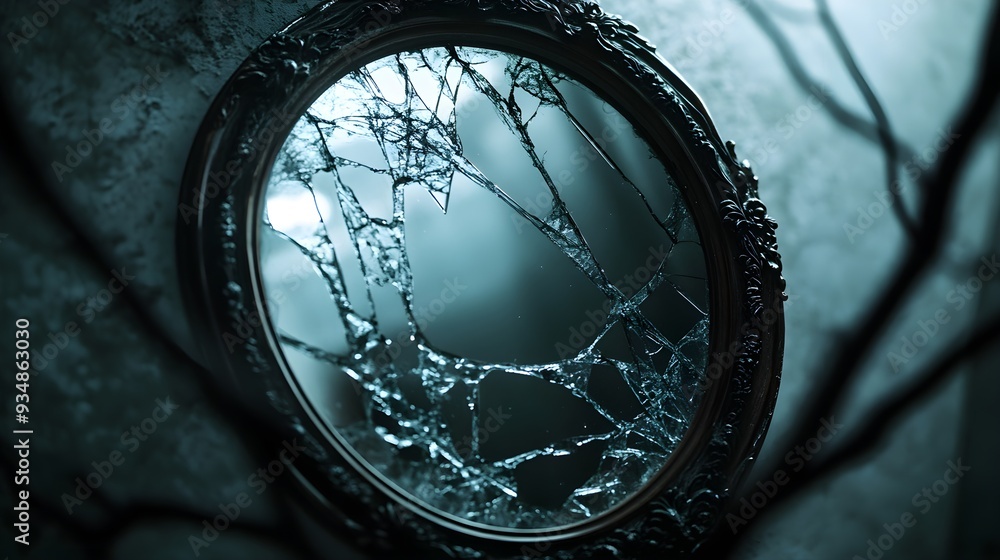 Obraz premium A haunted mirror with a fractured reflection