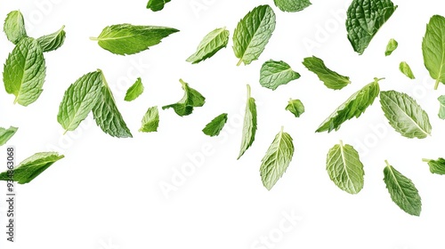 Fresh green mint leaves falling and floating in the air against a clean white background.