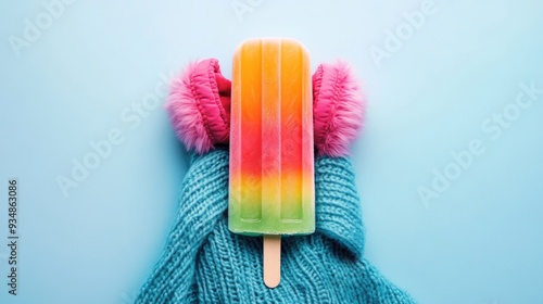 A colorful ice pop resting on a soft blue knitted sweater surrounded by fluffy pink pom-poms in a bright setting photo