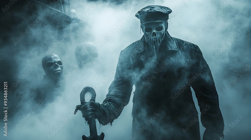A haunted sailor holding a ghostly anchor, eerie mist surrounds him, surreal Halloween party masks in the background, photorealistic style, isolated on white background A haunted sailor holding a ghostly anchor, eerie mist surrounds him, surreal Halloween party masks in the background, photorealistic style, isolated on white background