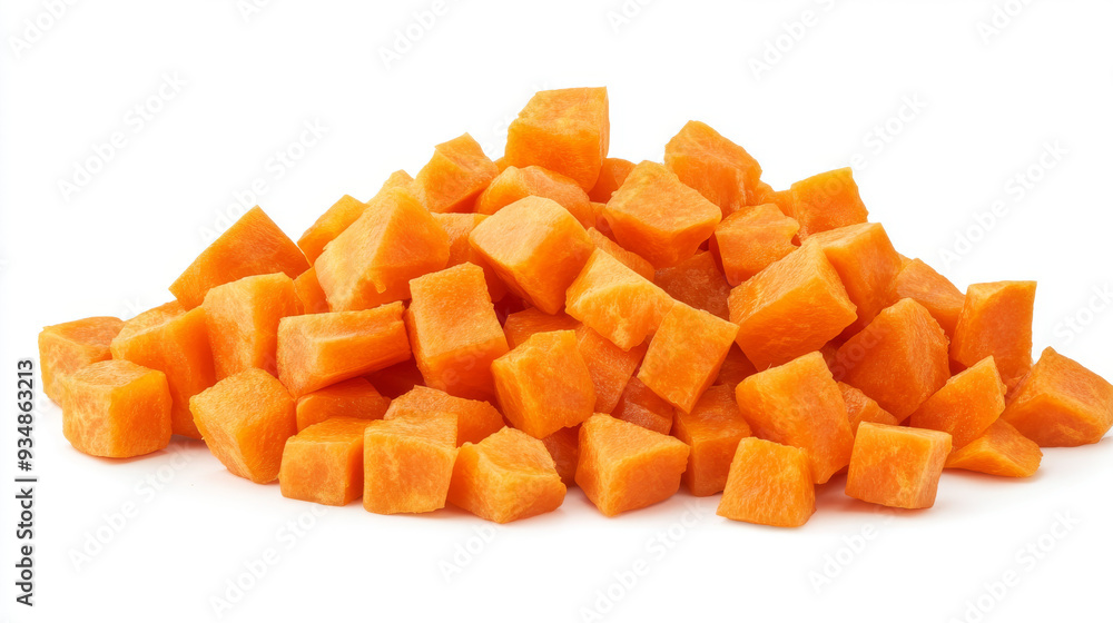 Fresh diced carrots isolated on a white background. Close-up of chopped orange root vegetable cubes, arranged in a pile for a top-down view. Fresh diced carrots isolated on a white background. Close-up of chopped orange root vegetable cubes, arranged in a pile for a top-down view.
