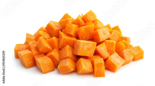 Fresh diced carrots isolated on a white background. Close-up of chopped orange root vegetable cubes, arranged in a pile for a top-down view.