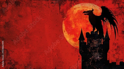 Grunge background with red moon and silhouette of a griffin.