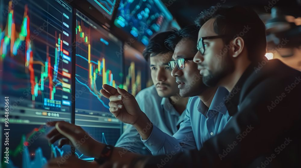 A business team of investors and entrepreneurs analyzing stock market graphs and trading charts. A business team of investors and entrepreneurs analyzing stock market graphs and trading charts.